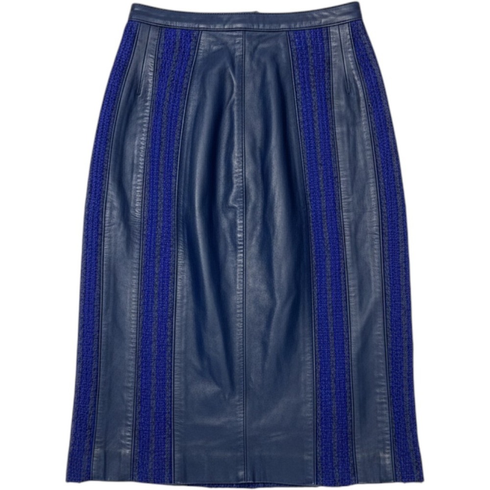 Torras Spain Vintage Navy Leather Mohair Knit Panel Midi Pencil Skirt Size 8